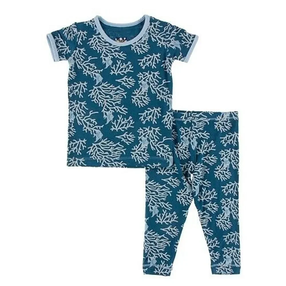 $48 Kickee Pants Pajama Set in Twilight Coral Fans Bamboo Snug Fit 18-24 months
